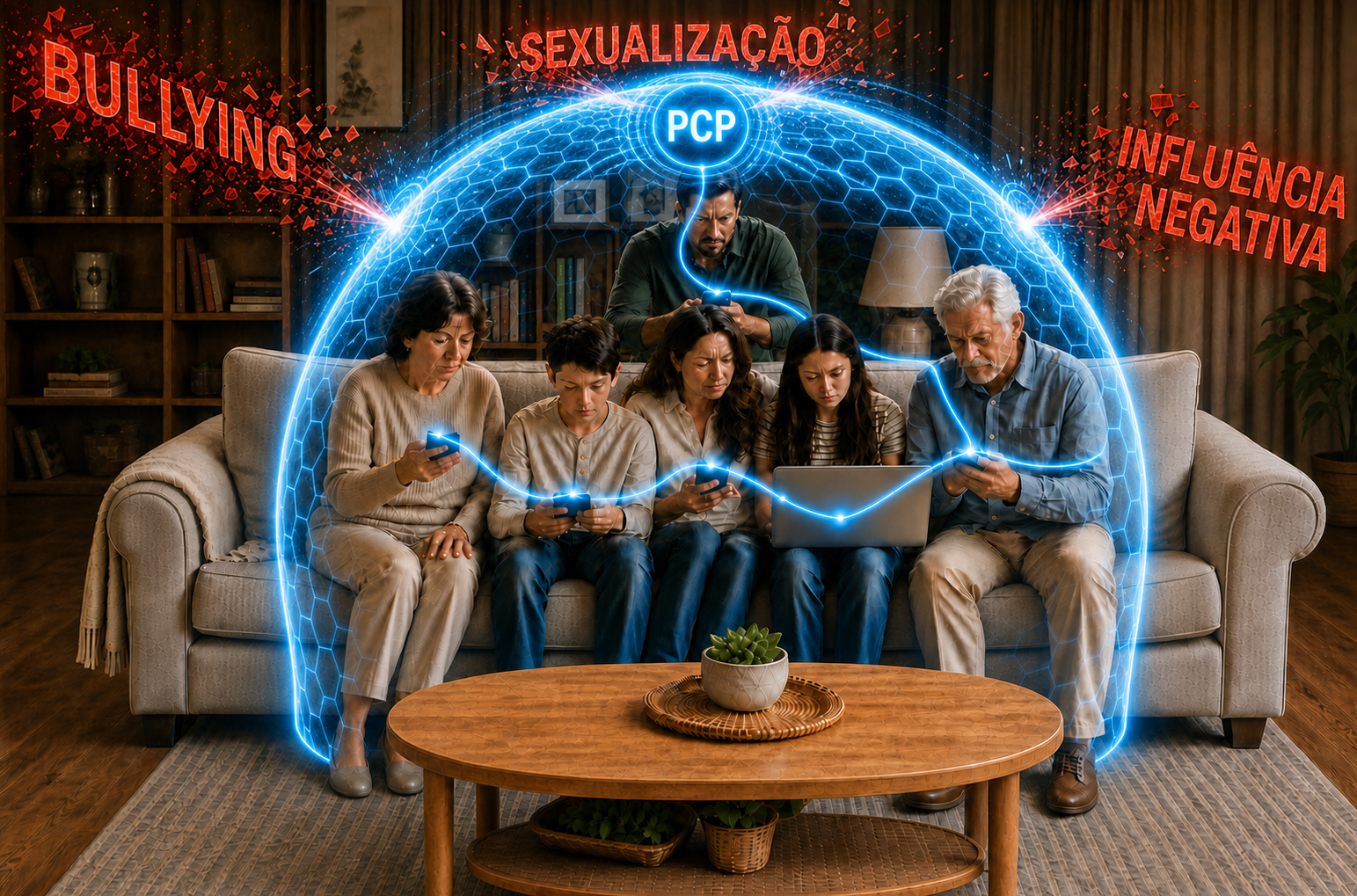 Família protegida pelo PCP contra bullying, sexualização e influência negativa no ambiente digital